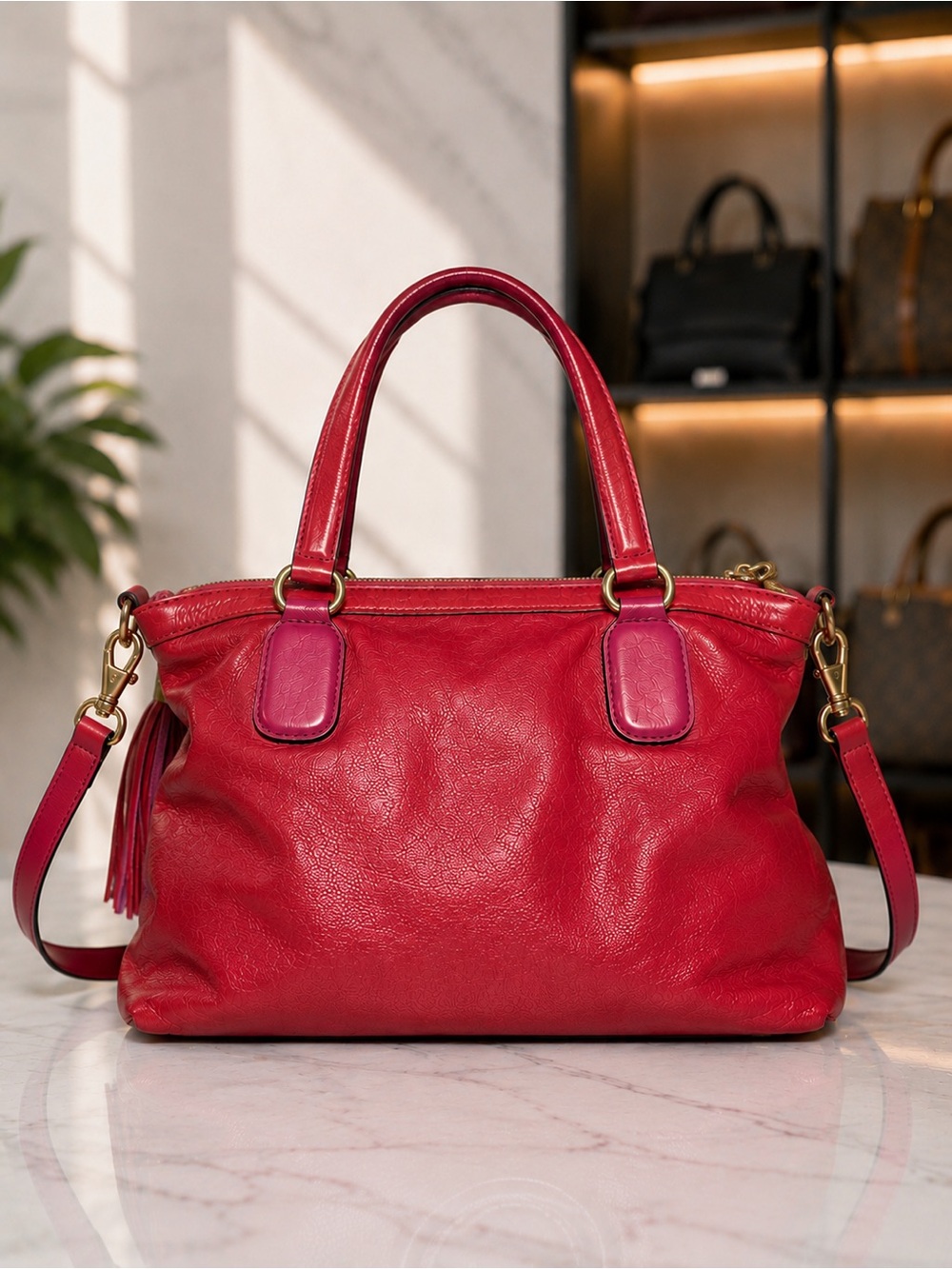Gucci Soho Medium Leather Top Handle Satchel Red/Magenta Crossbody Authentic GG - Picture 3 of 5